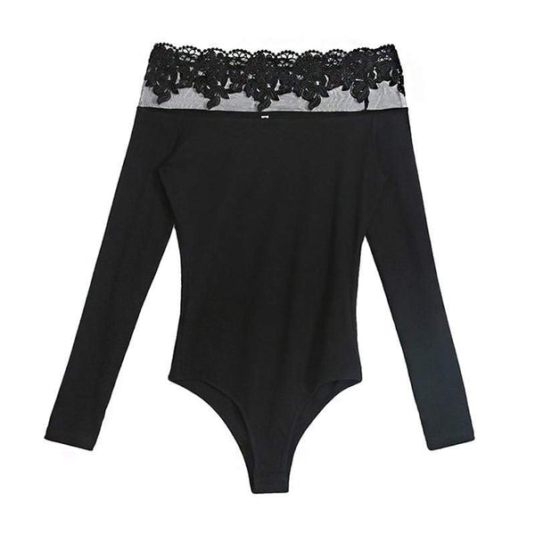 TIY Men Apparel Sexy Women Polyester Solid Color Lace Off Shoulder Flounce Long Sleeves Bodysuit TIY