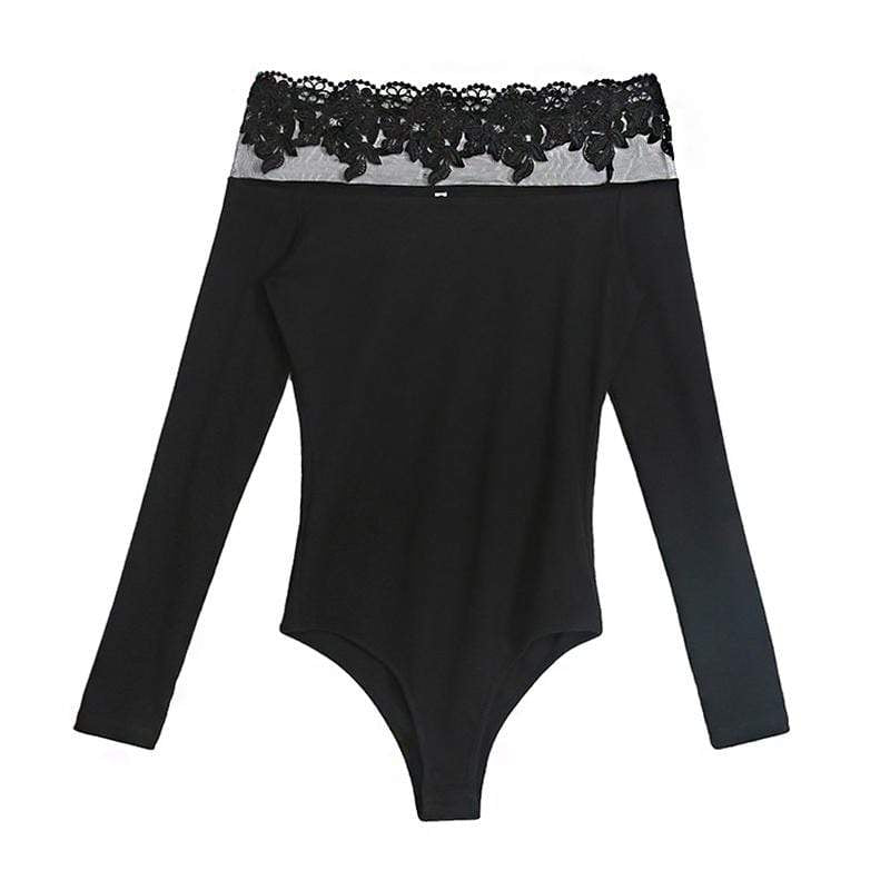 TIY Men Apparel Sexy Women Polyester Solid Color Lace Off Shoulder Flounce Long Sleeves Bodysuit TIY