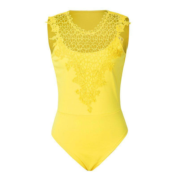 TIY Men Apparel Solid Color Hollowed Lace Patchwork Sleeveless Tight Bodysuit TIY