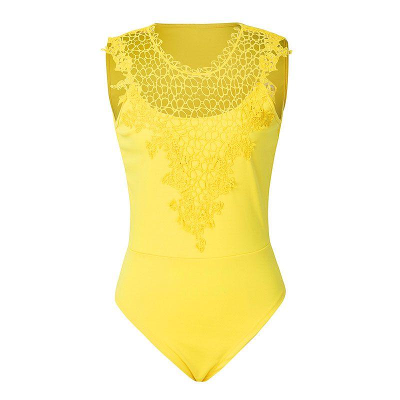 TIY Men Apparel Solid Color Hollowed Lace Patchwork Sleeveless Tight Bodysuit TIY