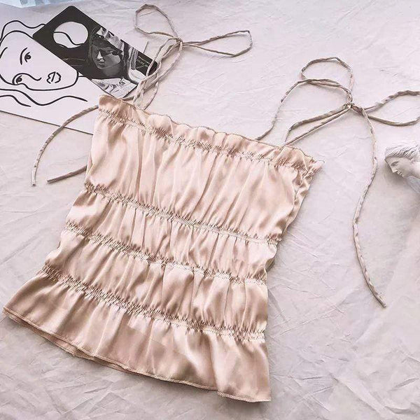 TIY Men Apparel Solid Color Satin Fabric Sexy Spaghetti Strap Pleated Satin Camis TIY