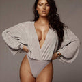 Solid Color Unique Pleated Design Lantern Sleeve V Neck Bodysuits