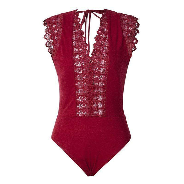 TIY Men Apparel Solid Color V Neck Hollow Lace Patchwork Women Sleeveless Bodysuit TIY
