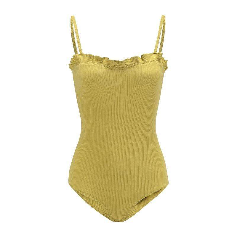 TIY Men Apparel Solid Color Women Frilled Design Strap Bodysuit TIY