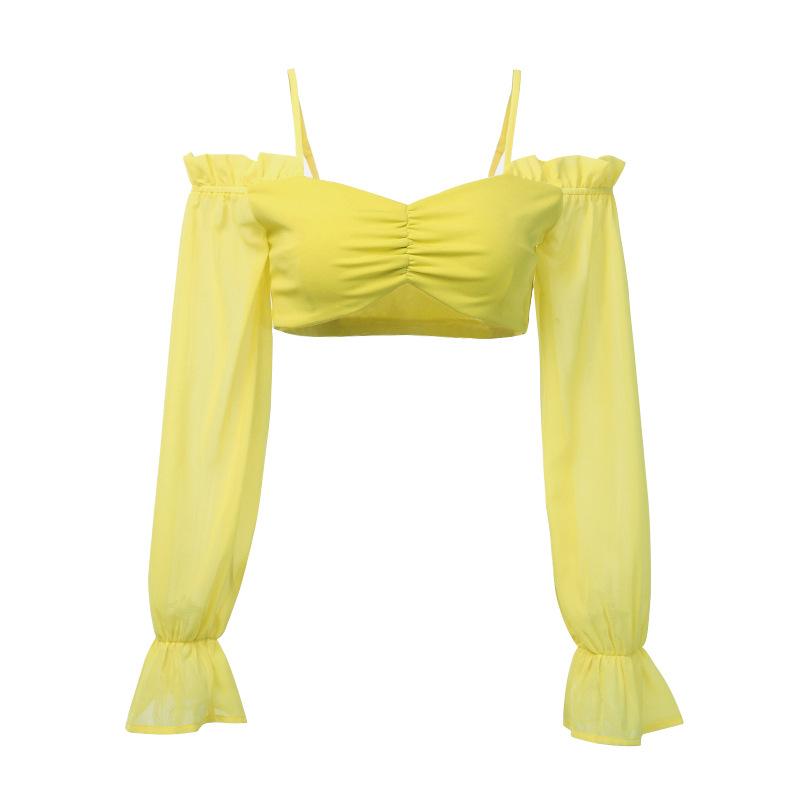 Summer Cool Off-shoulder Design Frilled Long-sleeve Cropped Blouse