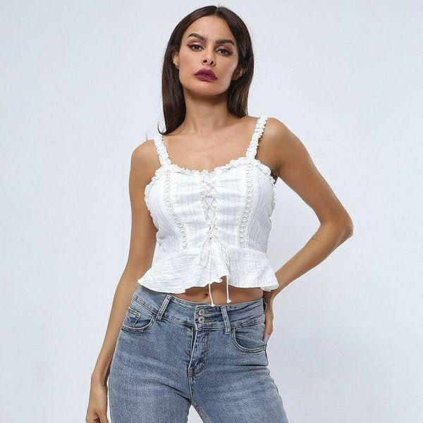 Sweet Ladies Solid Color Ruffled Lace-up Cropped Camisole