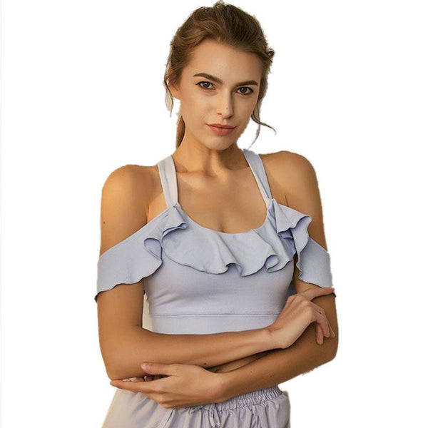 TIY Men Apparel Sweet Ruffle Design Women Solid Color Sports Seamless Backless Top TIY