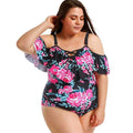 Sweet Ruffled Off-shoulder Women Plus Size Flower Print Strappy Swimwear