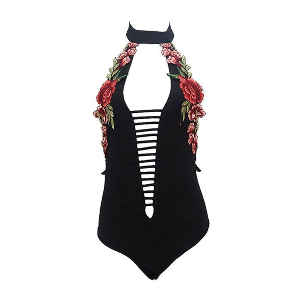 Top Grade Rose Embroidered Women Deep V Neck Sexy China Pattern Halter Bodysuits