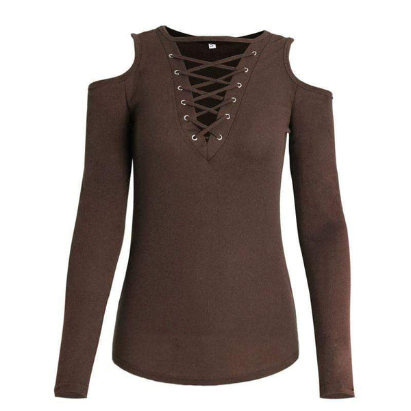 Unique Lace-up Cool-shoulder Long-sleeve Bottoming T-shirt