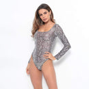 Unique Square Neck Long-sleeve Pattern Snakeskin Print Women Bodysuits