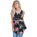 Women Round Collar Sleeveless Floral Print Asymmetrical Hemline Tops