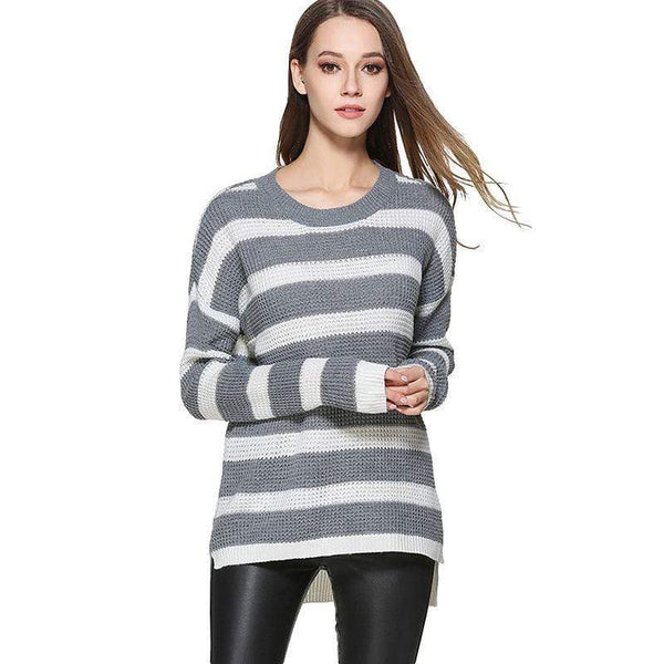 Women Round Neck Irregular High-low Hemline Sweater