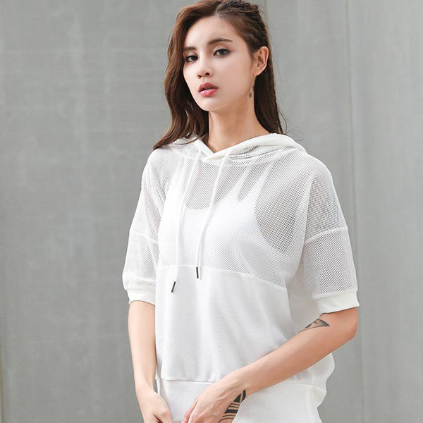 Women's Fashion Slim Sexy Loose Hollow Out Solid Color Hat Short Sleeves Sport Hoodie Top