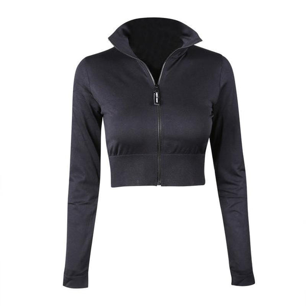 Women's Fashion Stand Collar Zipper Long Sleeves Solid Color Sport Crop Jacket Top For Running Fitness
