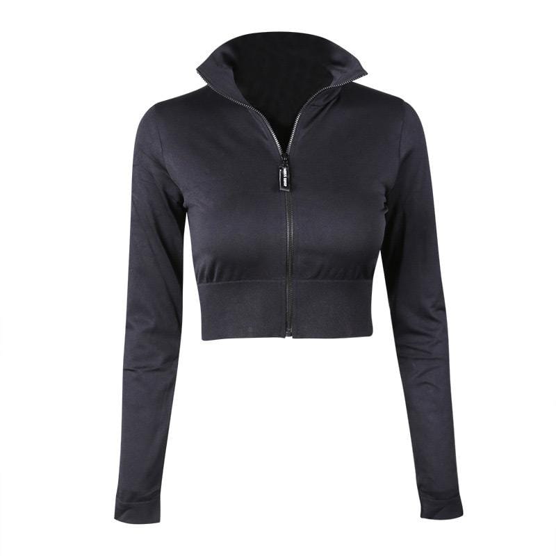 Women's Fashion Stand Collar Zipper Long Sleeves Solid Color Sport Crop Jacket Top For Running Fitness