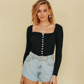 Women Sexy Square Neck Heart Shaped Button Design Solid Color Knitwear