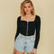Women Sexy Square Neck Heart Shaped Button Design Solid Color Knitwear