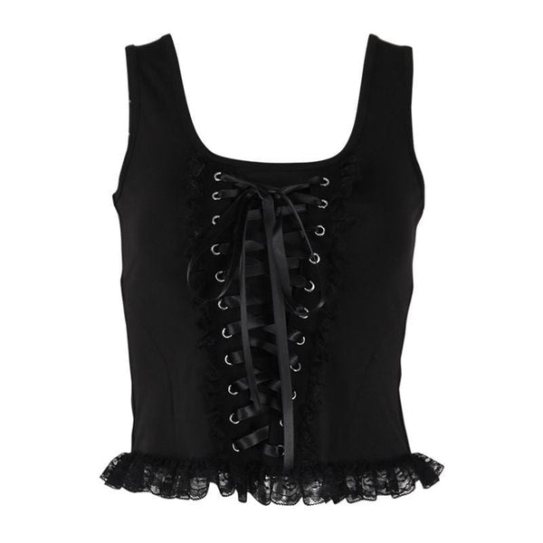 Women Sexy Square Neck Sleeveless Lace-up Flounce Tight Tank Top