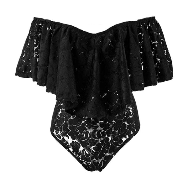 Women Solid Color Dreamy Lace Fabric Off-shoulder Design Bodysuit