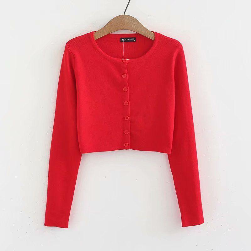 Women Solid Color Long-sleeve Button Up Knitting Casual Crop Top
