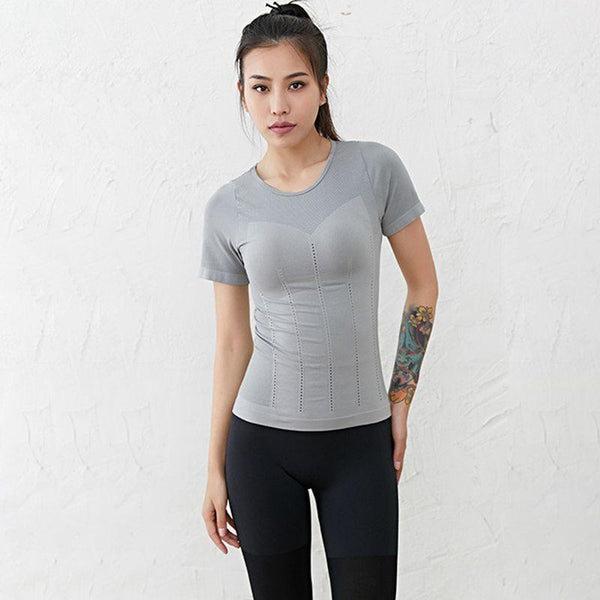 Women Solid Color Round Collar Mesh Hollow Out Breathable Work-out Top