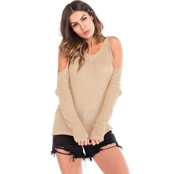 Women Solid Color Sexy Cool Shoulder Design Long Sleeves Casual Sweater