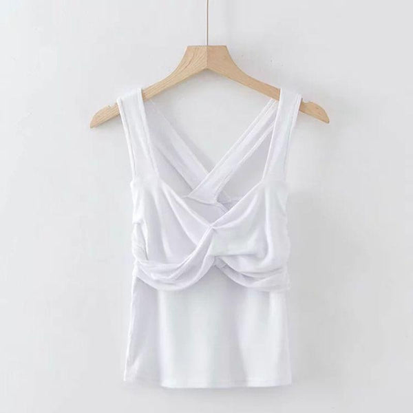 Women Solid Color V Neck Back Crossed Design Knitted Tank Top