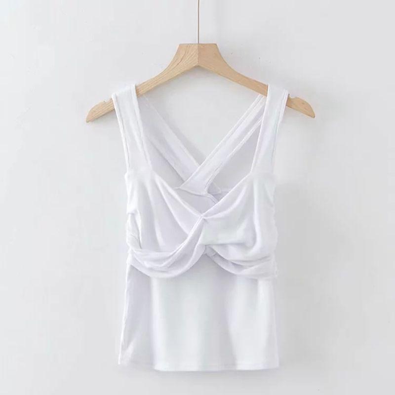 Women Solid Color V Neck Back Crossed Design Knitted Tank Top