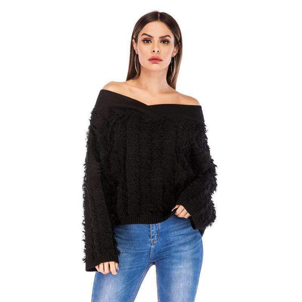 Women Solid Color V Neck Long-sleeve Unique Tassel Sweater