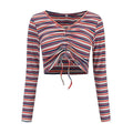 Women Sweet Bright Color Stripes Pattern Long Sleeves V Neck Knitted Crop Top
