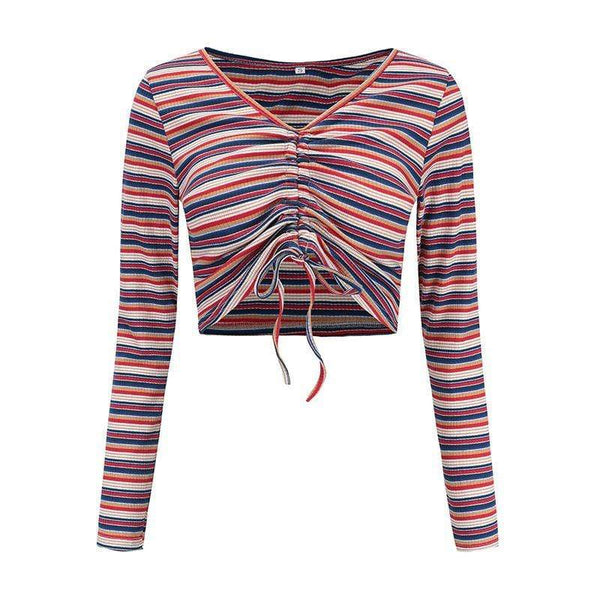 Women Sweet Bright Color Stripes Pattern Long Sleeves V Neck Knitted Crop Top
