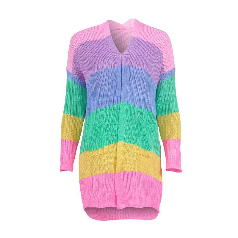 Women Unique Rainbow Color Blocking Long Sleeve Casual Cardigan
