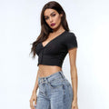 Women V Neck Short-sleeve Buttoned Rib-knit Crop Top