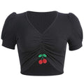 Women V Neck Short-sleeve Cherry Design Crop Top