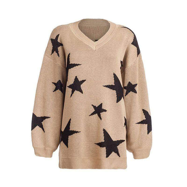 Women Vintage Contrast Star Print Casual Long-sleeve V Neck Sweater