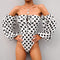 Women Vintage Polka Dot Print Off-shoulder Lace-up Design Bodysuits