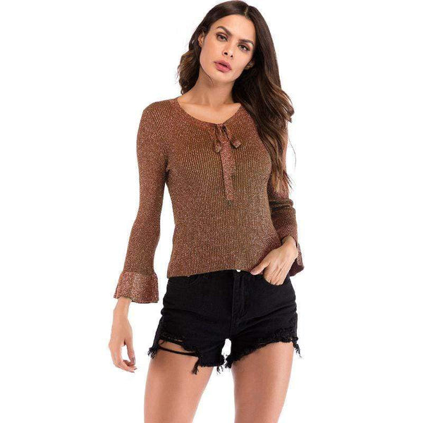 Young Women Sweet Flare Sleeves Design Solid Color Knitted Top
