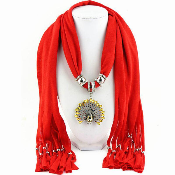 TIY Scarves Vintage Style Alloy Peacock Pendant Women Solid Color Tassel Scarf TIY
