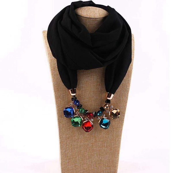 Women Solid Color Chiffon Scarf Fashion Crystal Pendant Necklace