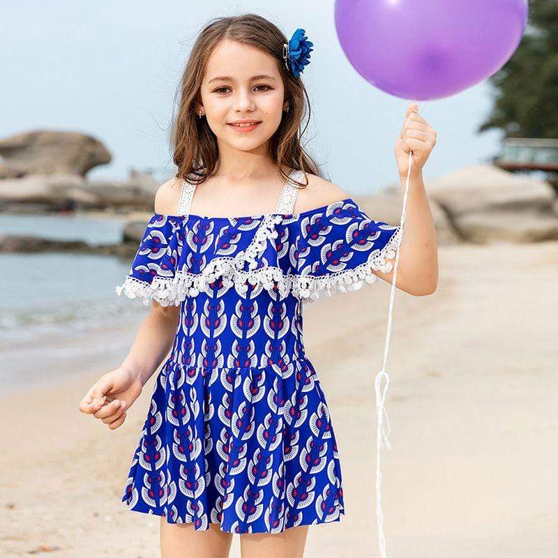 Stylish Girl Fancy Print Off-shoulder Lace Design Swimwear