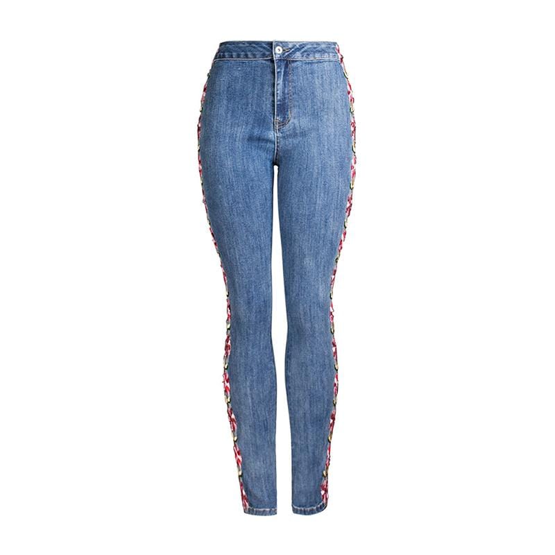 Fashion Sweet Floral Embroidered Women High-waisted Elastic Jeans