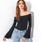 New Fashion Off Shoulder Flare Sleeve Solid Color Slimming Crop Top