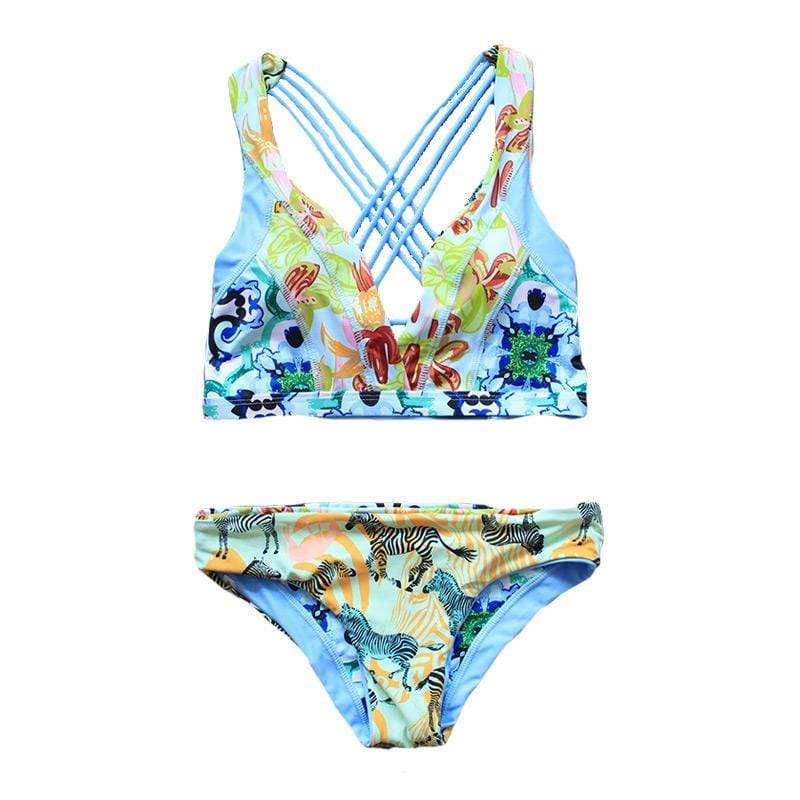 TIY Women Apparel New Summer Design Sweet Girl Pattern Bright Color Floral Print Backless Two-pieces Swimsuits TIY