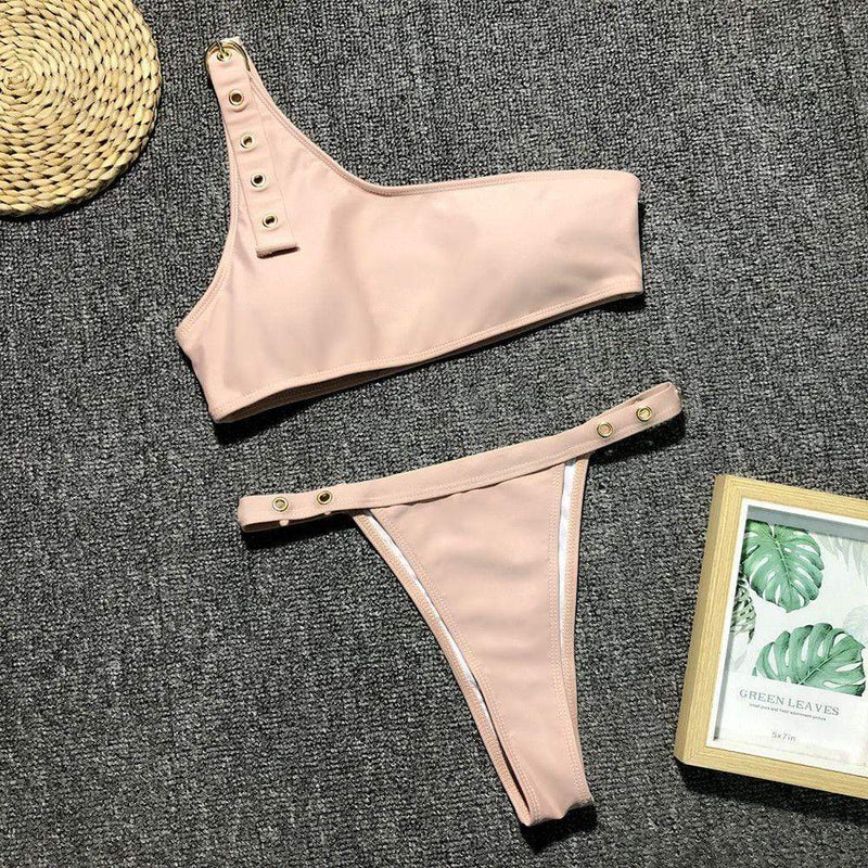 TIY Women Apparel One-shoulder Solid Color Women Two-pieces Bikini Swimwear TIY