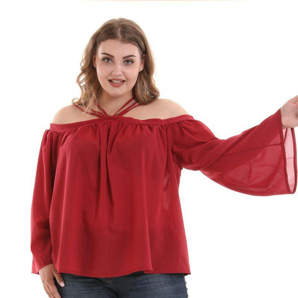 TIY Women Apparel Plain Color Off-shoulder Halter Neck Flare Sleeve Plus Size Blouse TIY