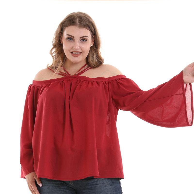 TIY Women Apparel Plain Color Off-shoulder Halter Neck Flare Sleeve Plus Size Blouse TIY