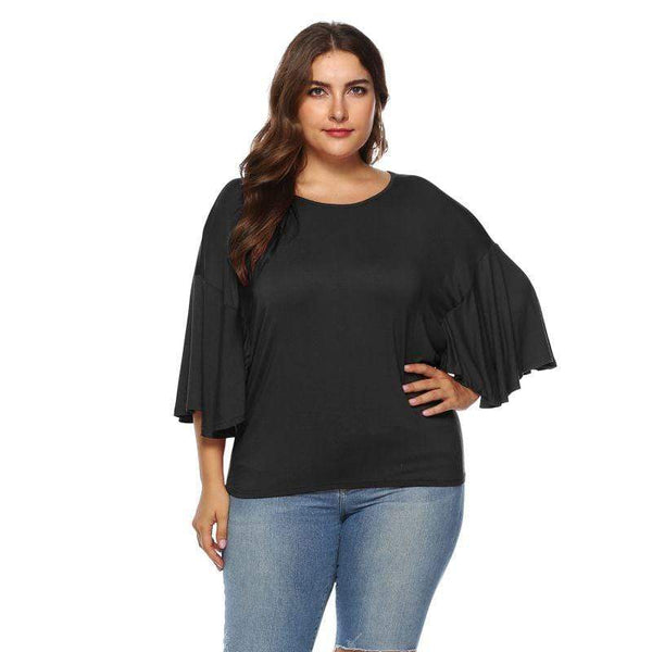 TIY Women Apparel Plain Color Round Neck Unique Ruffled Medium Sleeve Plus Size Tee TIY