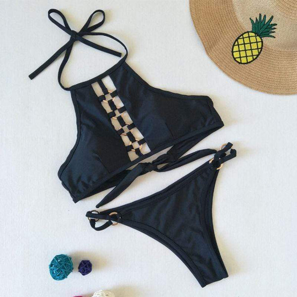 TIY Women Apparel Plain Color Sexy Hollow Out Halter Neck Women Two-piece Swimwear TIY