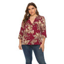 TIY Women Apparel Plus Size Loose Pattern Floral Print V Neck Long-sleeve Blouse TIY